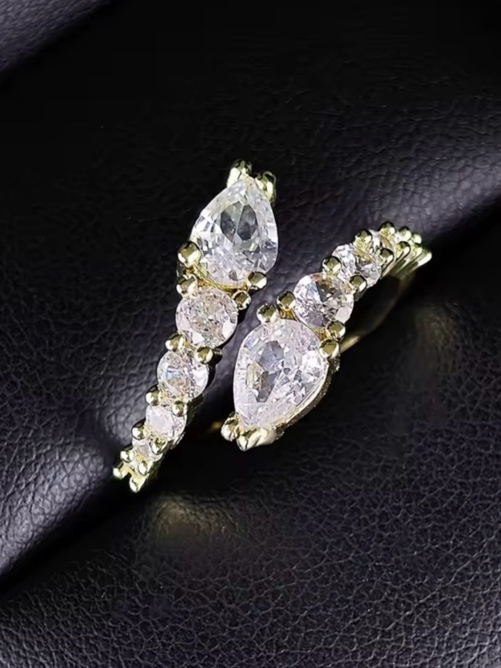 Elegant Adjustable Double Teardrop CZ Ring - Silver/Gold Finish - Picture 3 of 7